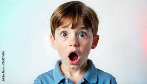 Shocked surprised boy isolated on a white background with copy space, Caucasian photo