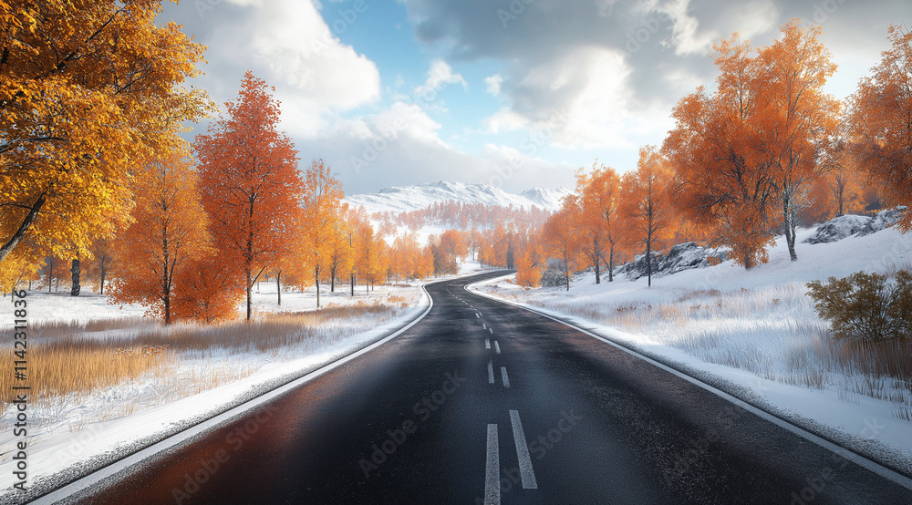 Long road flanked by trees left side covered in white snow and red leaves, right side with seasonal changes, winter and autumn blend, nature scenery
Long road flanked by trees left side covered in white snow and red leaves, right side with seasonal changes, winter and autumn blend, nature scenery