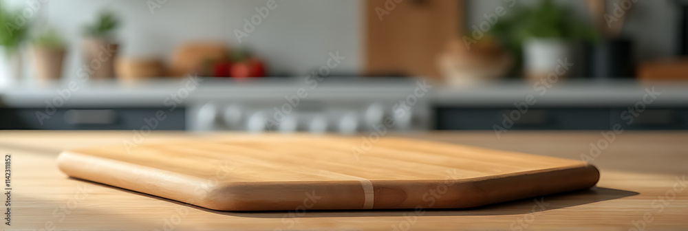 A wood table top has a chopping board on it in front of a blurry kitchen counter._00001_ A wood table top has a chopping board on it in front of a blurry kitchen counter._00001_