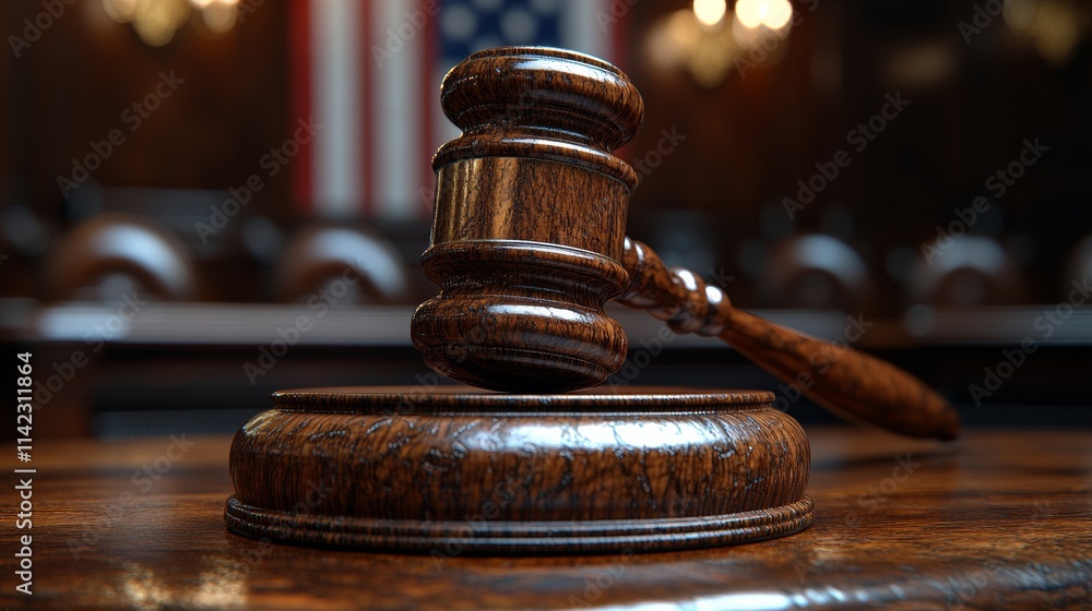 Wooden gavel resting on sound block in courtroom with United States flag Wooden gavel resting on sound block in courtroom with United States flag