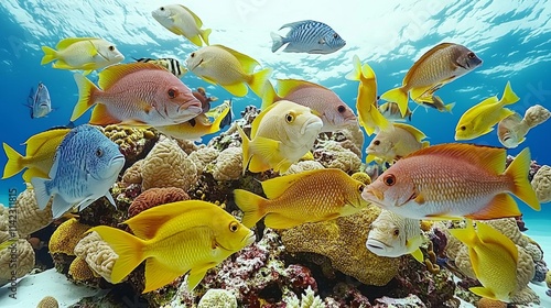 Fishes swim on the coral reef in the Maldives. Underwater scene of the marine creatures swimming around , isolated on white background,  , copy space, copy space for text, photo