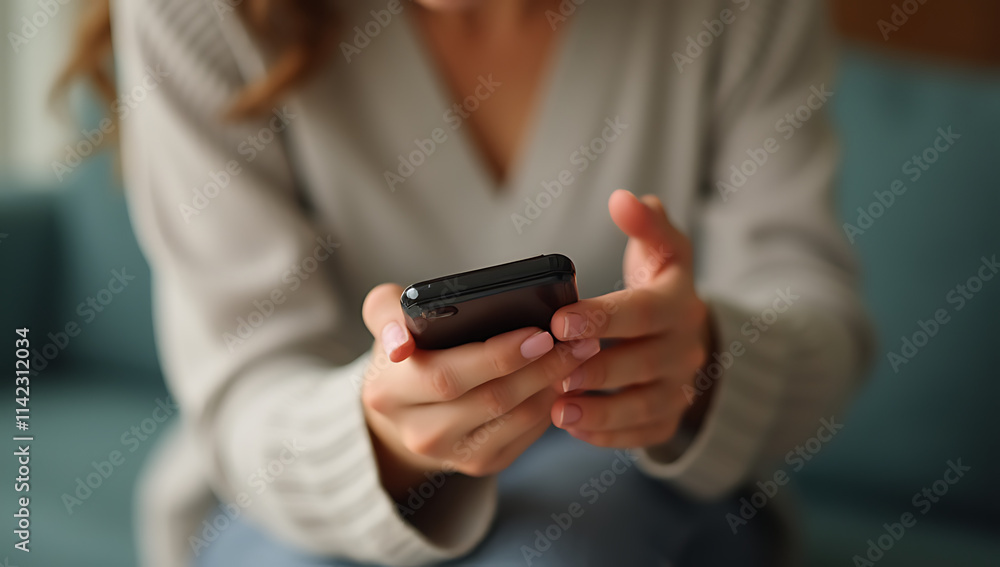 A woman is using her hand to hold a smartphone with a gentle grip in her fingers carefully._00003_ A woman is using her hand to hold a smartphone with a gentle grip in her fingers carefully._00003_