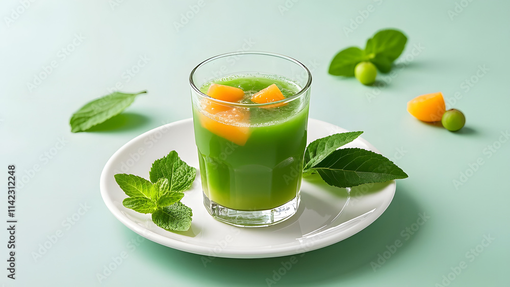 Fototapeta premium Title: Refreshing Green Juice with Orange Melon Cubes