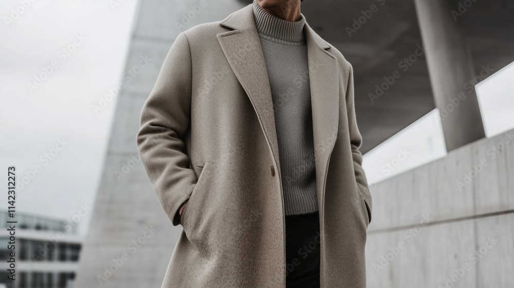 Naklejka premium A stylish individual wearing a minimal beige oversized wool coat, standing in front of a modern architectural backdrop. Ai generated (1)
