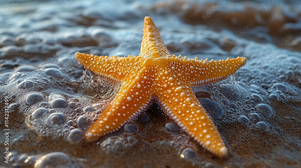 Orange Starfish on Wet Sandy Beach Orange Starfish on Wet Sandy Beach
