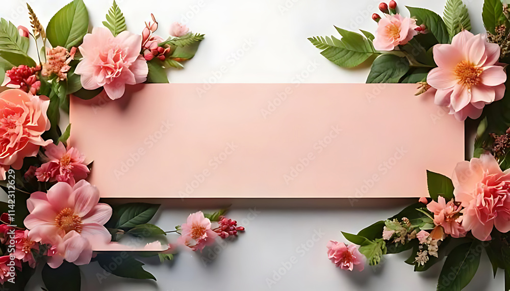a banner is around by delicate pink flowers and lush green leaves against a soft light backg a banner is around by delicate pink flowers and lush green leaves against a soft light backg