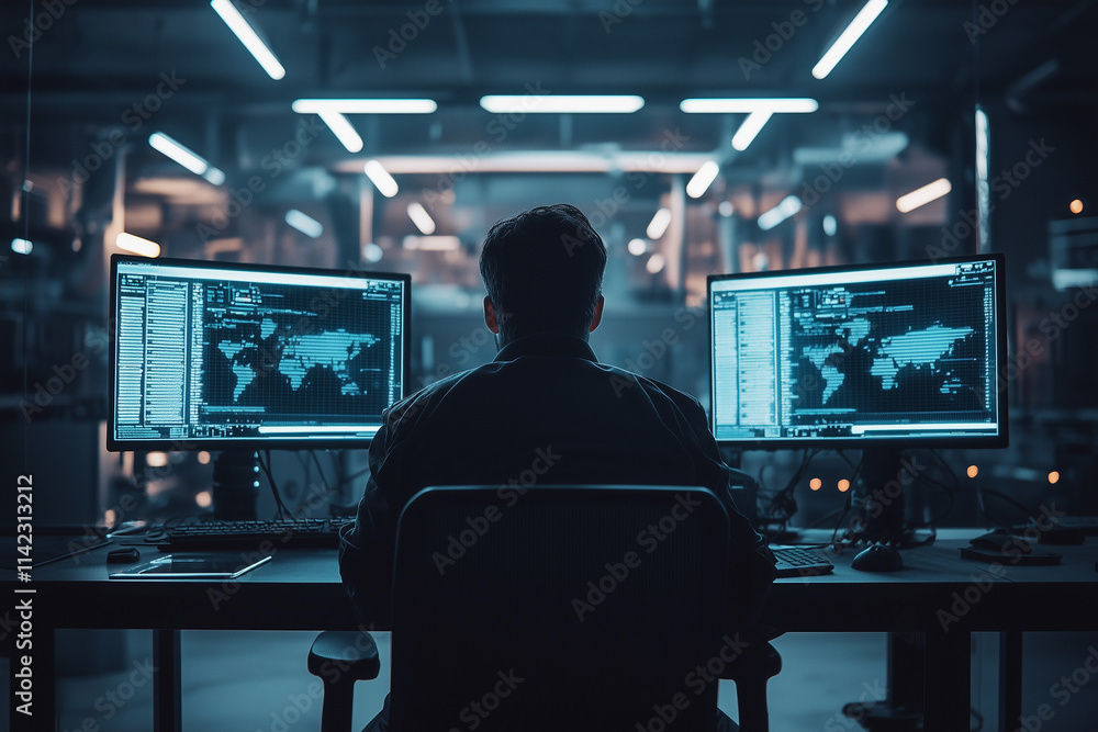 Focused Individual in a Control Room Focused Individual in a Control Room