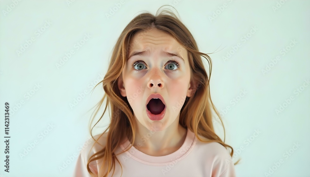 Shocked surprised girl isolated on a white background with copy space, Caucasian Shocked surprised girl isolated on a white background with copy space, Caucasian