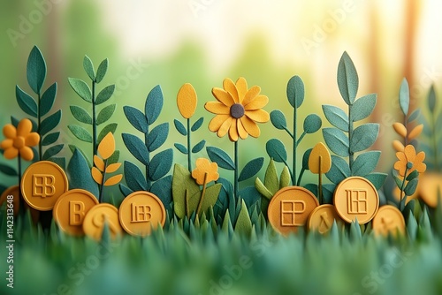 Golden Coins Nestled Among Vivid, Artistic Plants