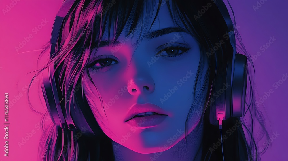 Anime style girl listening to music with headphones in a manga animation scene