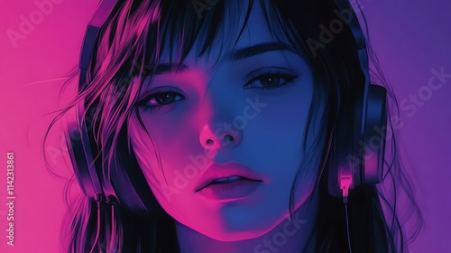 Obraz na płótnie Anime style girl listening to music with headphones in a manga animation scene w salonie