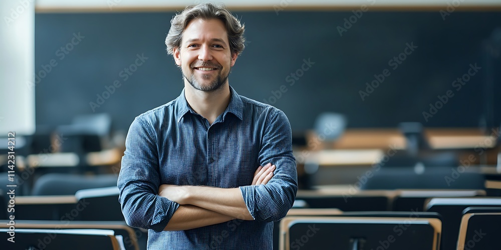 Portrait of a music teacher standing warmly in a music classroom, smiling, portrait shot, looking at the camera