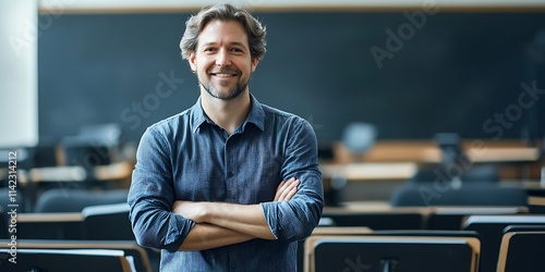 Portrait of a music teacher standing warmly in a music classroom, smiling, portrait shot, looking at the camera