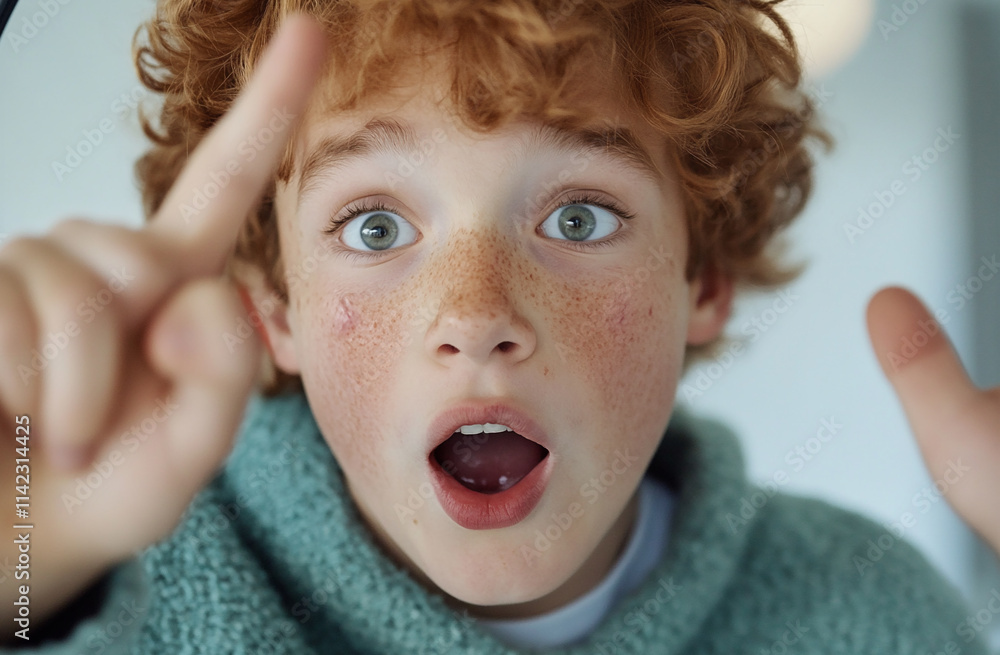 Boy staring at his reflection, pointing at a pimple with an exaggerated expression of surprise Boy staring at his reflection, pointing at a pimple with an exaggerated expression of surprise