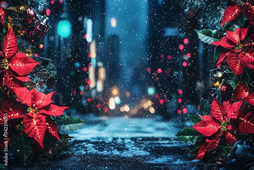 A Festive Cyberpunk Scene Featuring Christmas Flora in a Snowy Urban Landscape with a Lively Atmosphere and Vibrant Colors