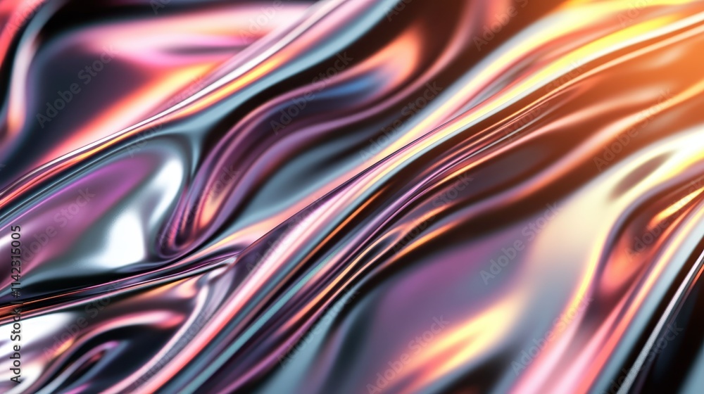 Abstract image featuring wavy metallic textures with colorful reflections, creating a dynamic and flowing visual effect, both modern and captivating in style. Abstract image featuring wavy metallic textures with colorful reflections, creating a dynamic and flowing visual effect, both modern and captivating in style.