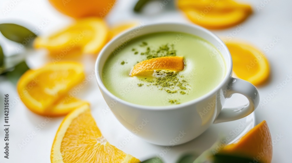 Refreshing orange matcha latte with citrus flavor and fresh orange slices Refreshing orange matcha latte with citrus flavor and fresh orange slices