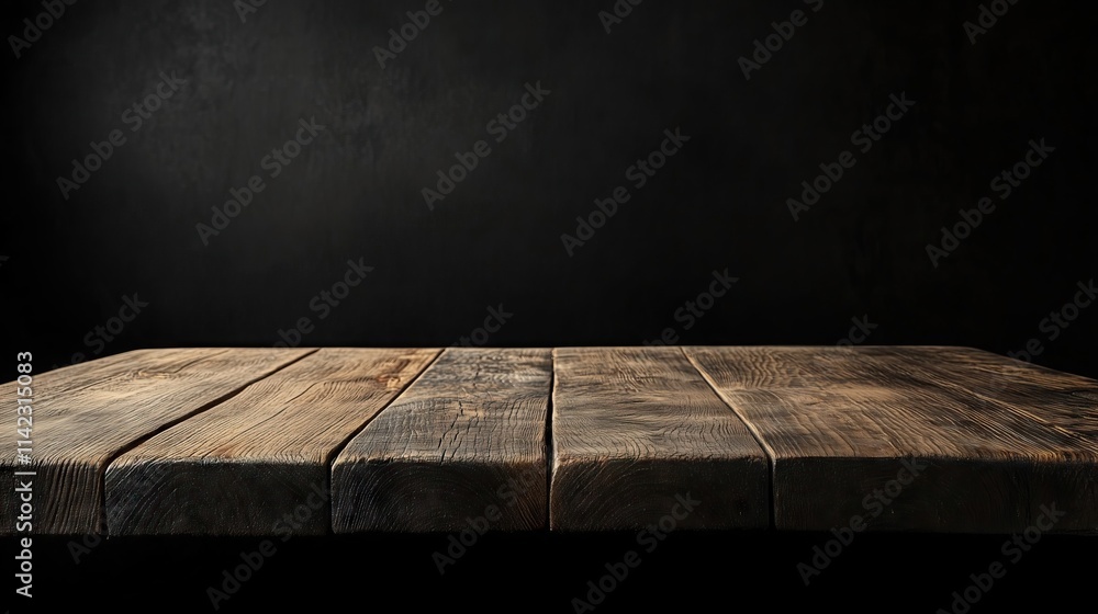Empty wooden table, on black background, black wall Empty wooden table, on black background, black wall
