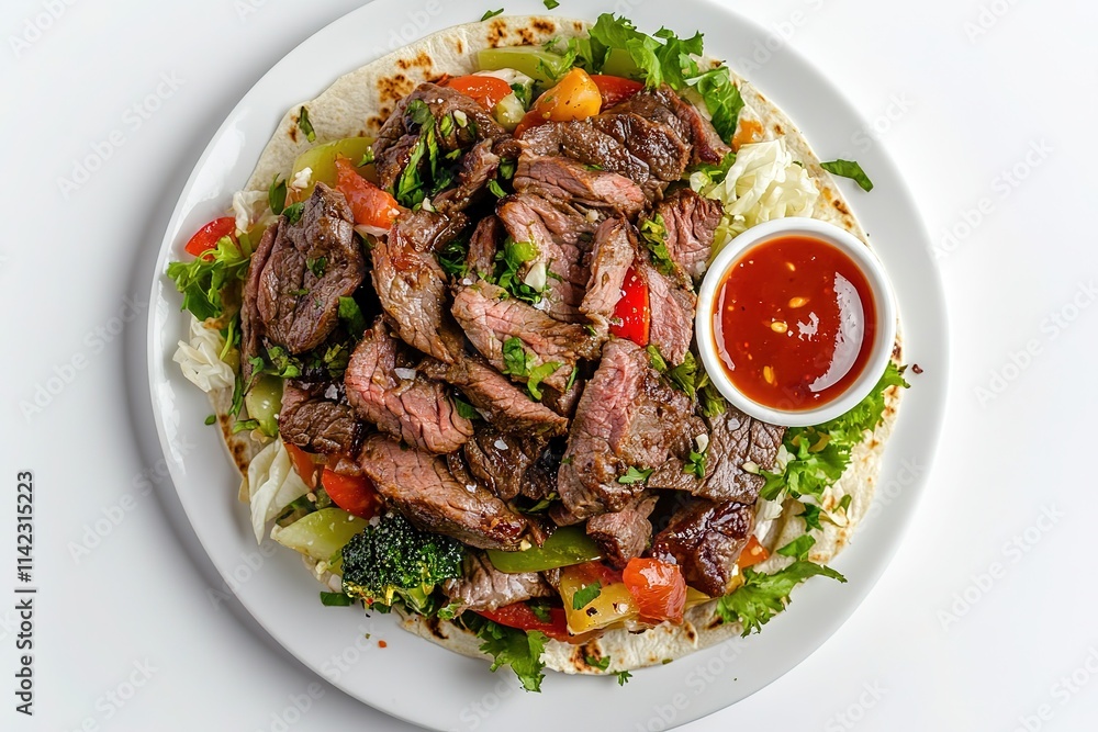 Delicious Grilled Beef Taco with vibrant toppings and dipping sauce. Delicious Grilled Beef Taco with vibrant toppings and dipping sauce.