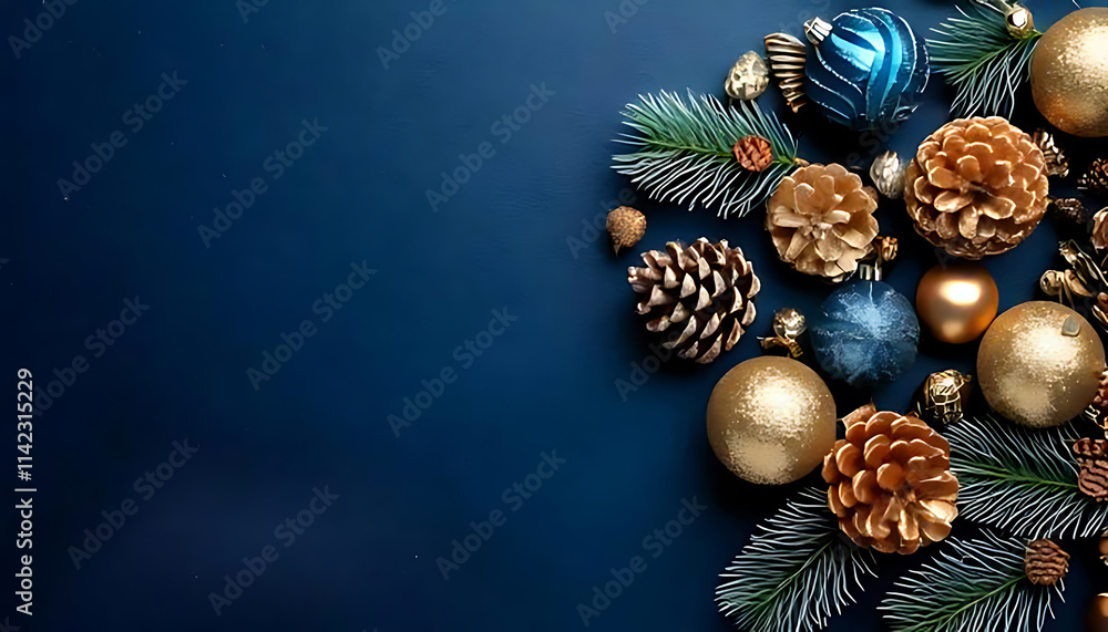 A festive Happy New Year card or banner featuring decorative Christmas balls and pine cones A festive Happy New Year card or banner featuring decorative Christmas balls and pine cones