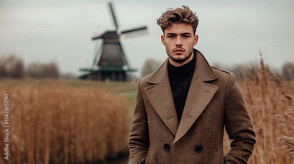 Dutch male model in stylish coat, standing in windmill field, scenic shot in the Netherlands