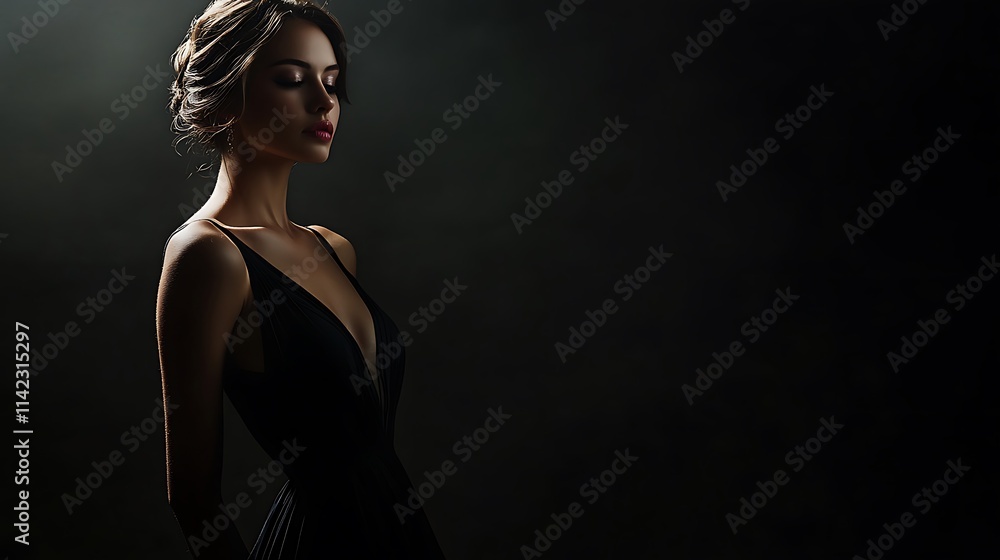 Glamorous female model in black evening dress, serene pose with soft lighting,