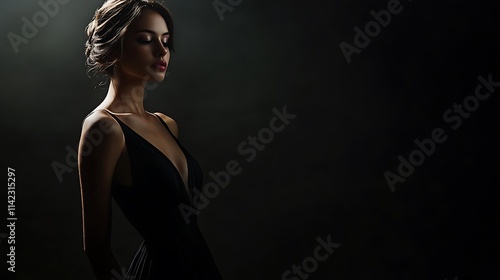 Obraz na płótnie Glamorous female model in black evening dress, serene pose with soft lighting, w salonie