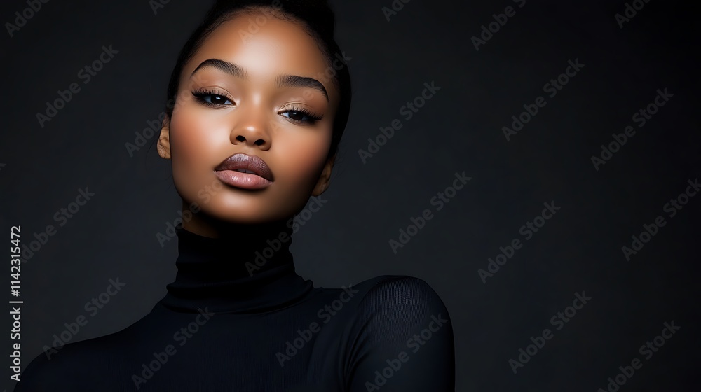 Female model in trendy black turtleneck, confident pose under spotlight,