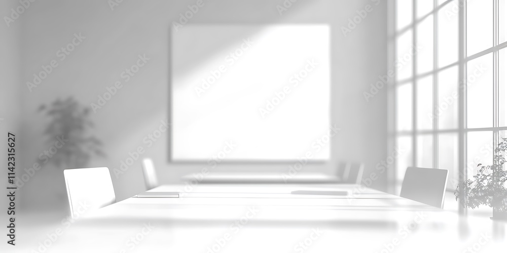 Minimalist office interior with blurred desks and chairs, clean professional look