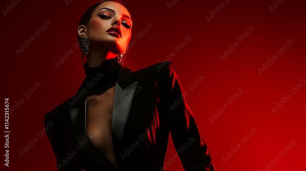 Edgy female model in black and red ensemble, dramatic lighting effects,