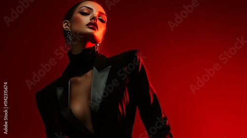 Edgy female model in black and red ensemble, dramatic lighting effects,