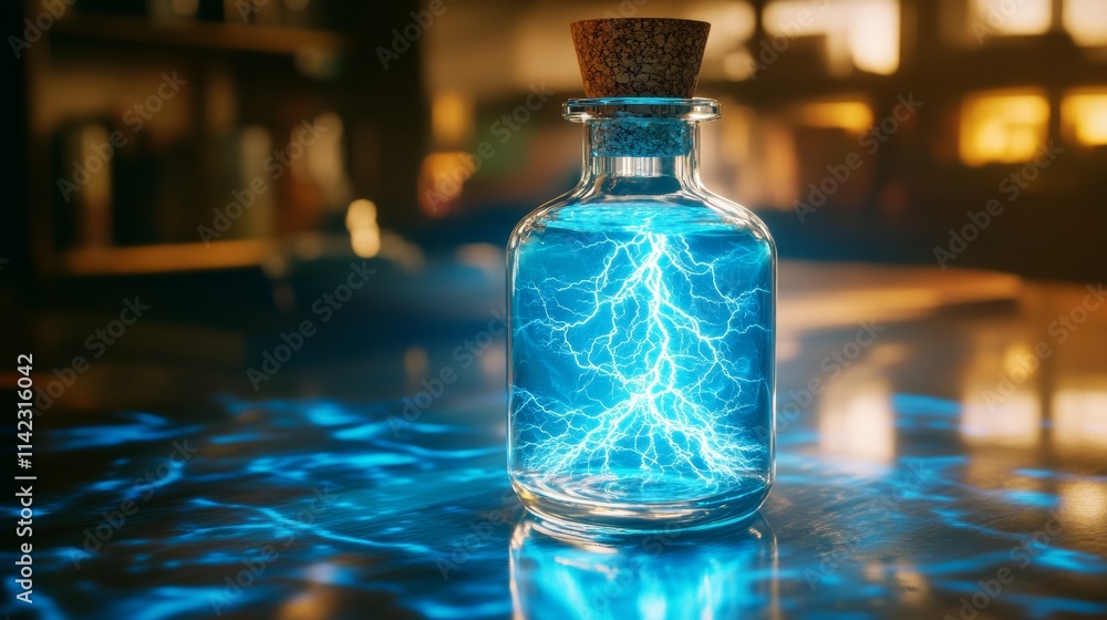 Lightning captured in a glass bottle with cork creating blue glowing effect Lightning captured in a glass bottle with cork creating blue glowing effect