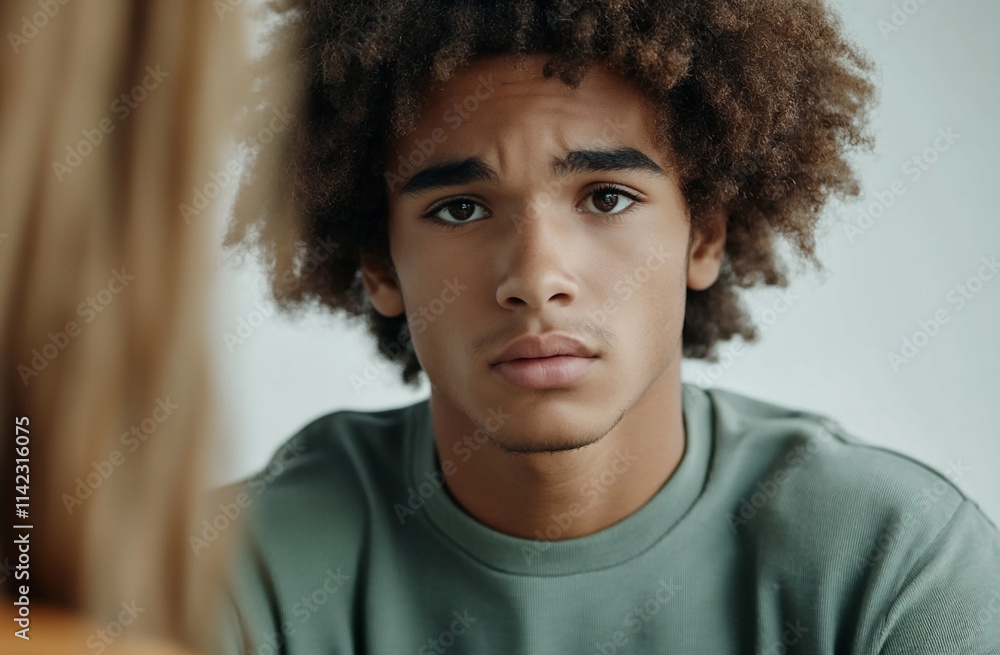 Close-up of a young man avoiding eye contact during a conversation. Close-up of a young man avoiding eye contact during a conversation.