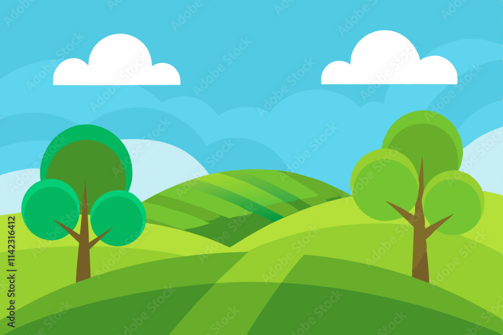 Natural Landscape with Rolling Green Hills and Clear Blue Sky Design Natural Landscape with Rolling Green Hills and Clear Blue Sky Design