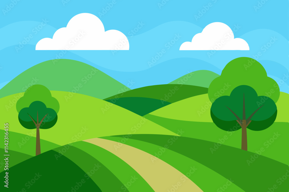 Natural Landscape with Rolling Green Hills and Clear Blue Sky Design Natural Landscape with Rolling Green Hills and Clear Blue Sky Design