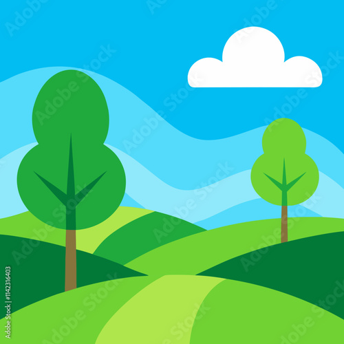 Natural Landscape with Rolling Green Hills and Clear Blue Sky Design