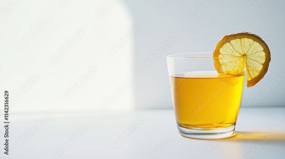 Turmeric and green tea blend in a glass cup with ginger on the rim on a clean surface Turmeric and green tea blend in a glass cup with ginger on the rim on a clean surface