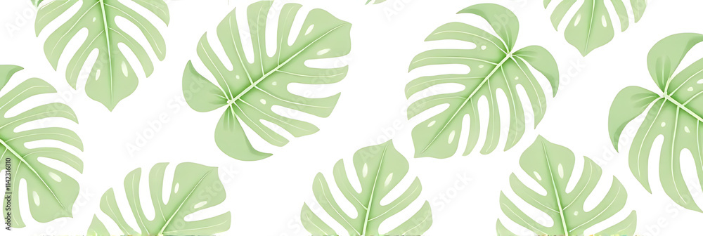 Fototapeta premium A real tropical monstera leaf pattern is designed in a subtle white background with a natural and effortless aesthetic feel._00002_