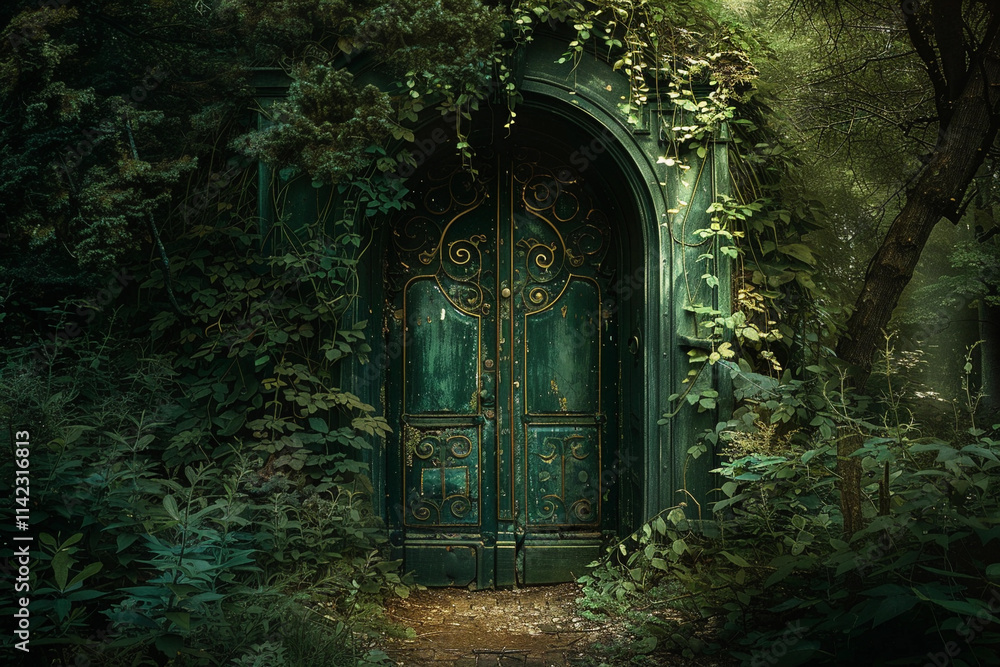 Fantastically door in wild forest leading to deep unknown Fantastically door in wild forest leading to deep unknown