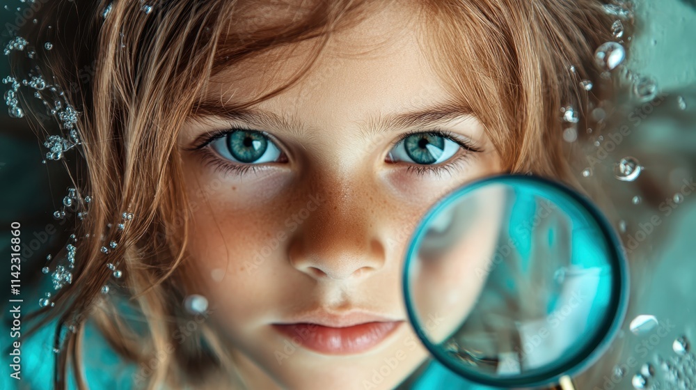 A young girl with intense blue eyes holding a magnifying glass, its lens dotted with water droplets, suggesting inquisitiveness and focus on detailed exploration. A young girl with intense blue eyes holding a magnifying glass, its lens dotted with water droplets, suggesting inquisitiveness and focus on detailed exploration.