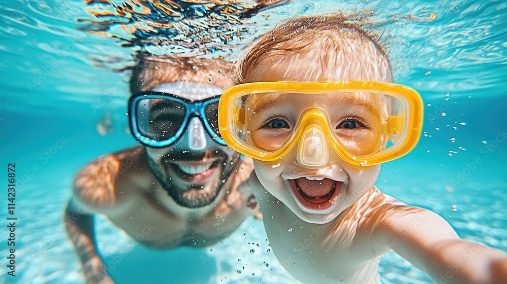 Naklejka premium Joyful father and son swimming together in clear pool bright outdoor setting