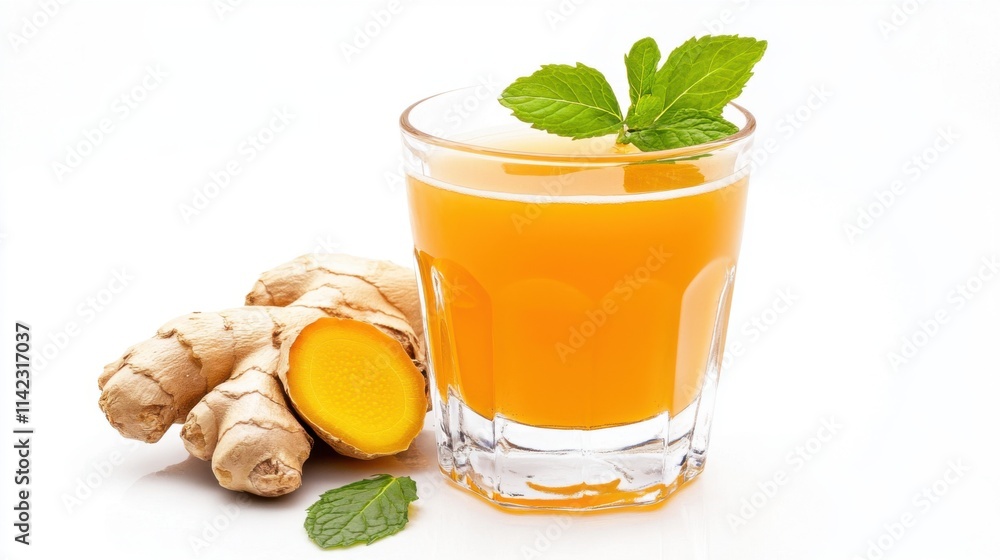 Refreshing turmeric ginger beer garnished with ginger slice and mint sprig in a clean setting Refreshing turmeric ginger beer garnished with ginger slice and mint sprig in a clean setting