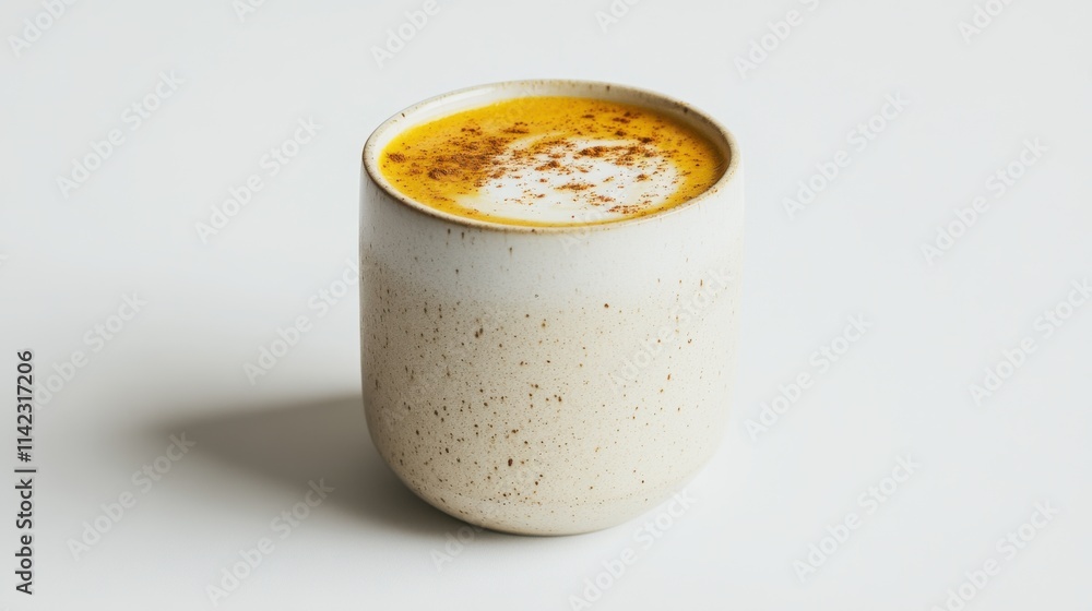 Turmeric latte served in a ceramic cup with creamy foam and a sprinkle of cinnamon on a white background Turmeric latte served in a ceramic cup with creamy foam and a sprinkle of cinnamon on a white background