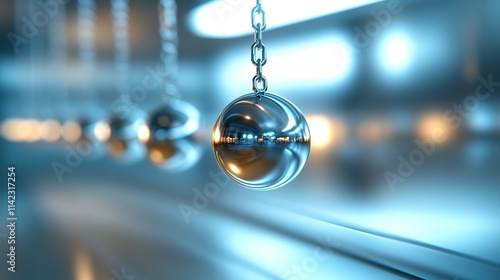 Newton's cradle with focus on glossy metal balls, blue hue