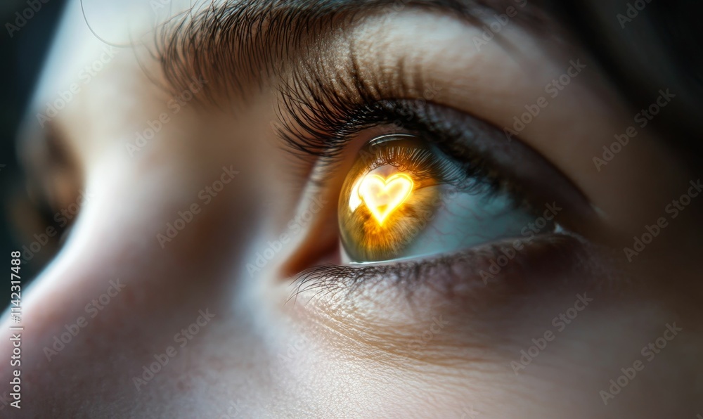 Naklejka premium Close-up eye; glowing heart reflected in pupil.