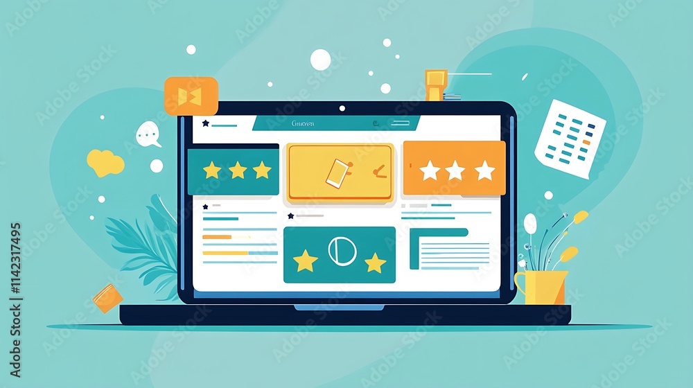 Laptop displaying website with positive customer reviews and ratings.