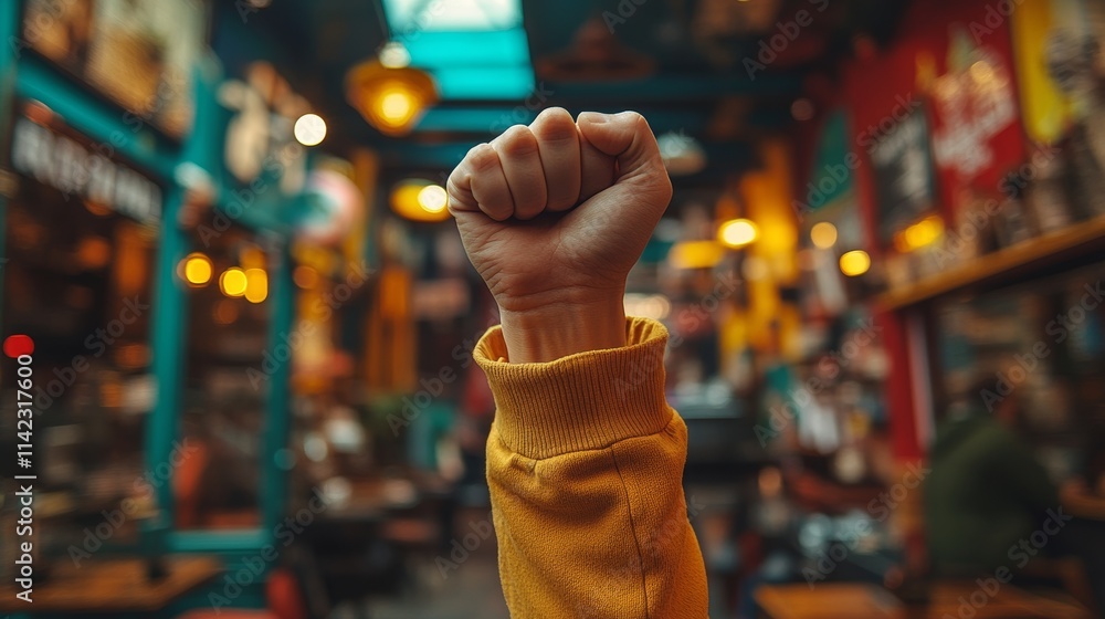 Customer raising fist in support at food market Customer raising fist in support at food market
