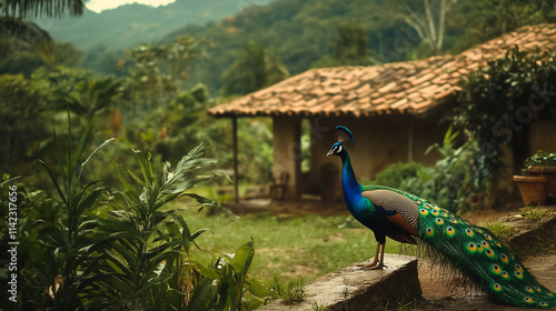 Um pavão majestoso e ao fundo uma casa de fazenda  photo