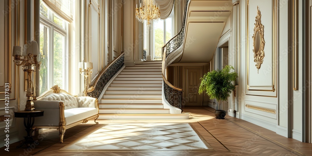 blcak and cream luxury apartment corridor with sofa, elegant wooden staircase and wooden floor blcak and cream luxury apartment corridor with sofa, elegant wooden staircase and wooden floor