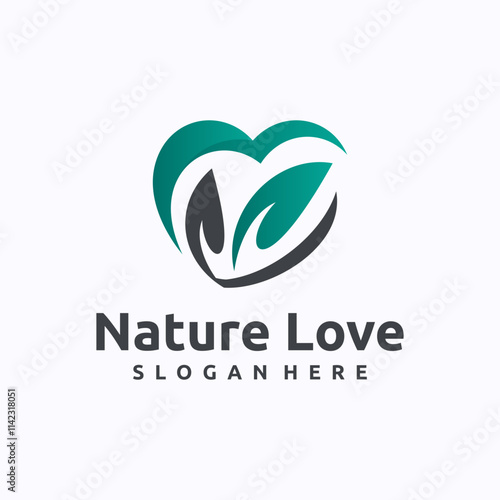 Green leaf with heart logo design template. Vegan and herbal healthcare concept. Creative vector symbol.